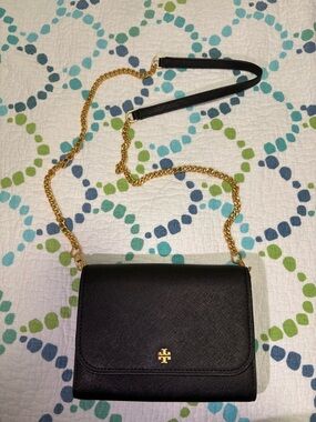 Tory Burch Black Leather Crossbody with Gold Chain